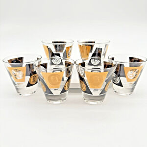 Vintage Mid Century Cera Shot Glasses Black 22K Gold Coins Whiskey Barware